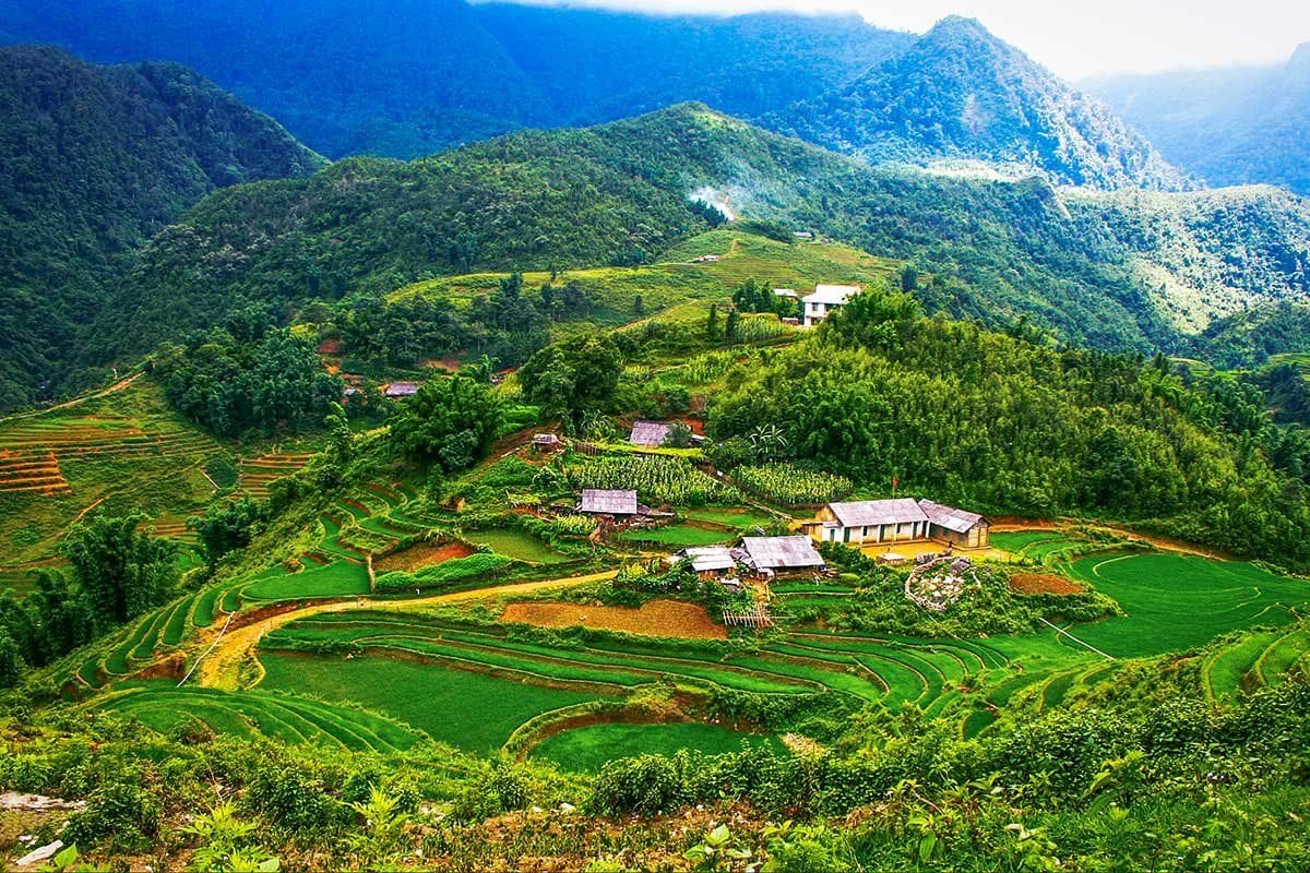 Lao Chai village: small houses among green rice terraces, with the forested mountains of the Muong Hoa valley behind.