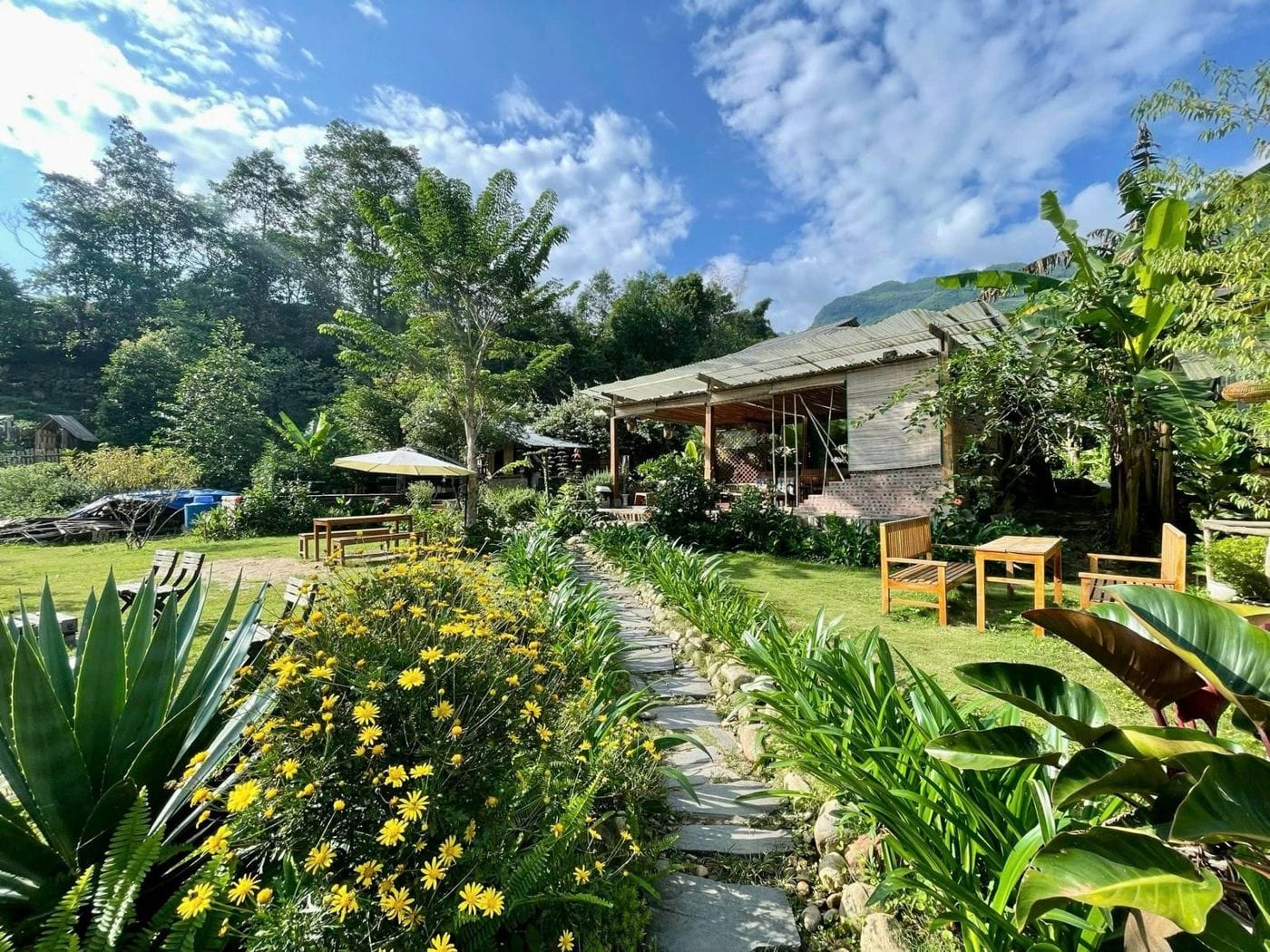 The flower garden and stone path of a homestay in Ta Van.