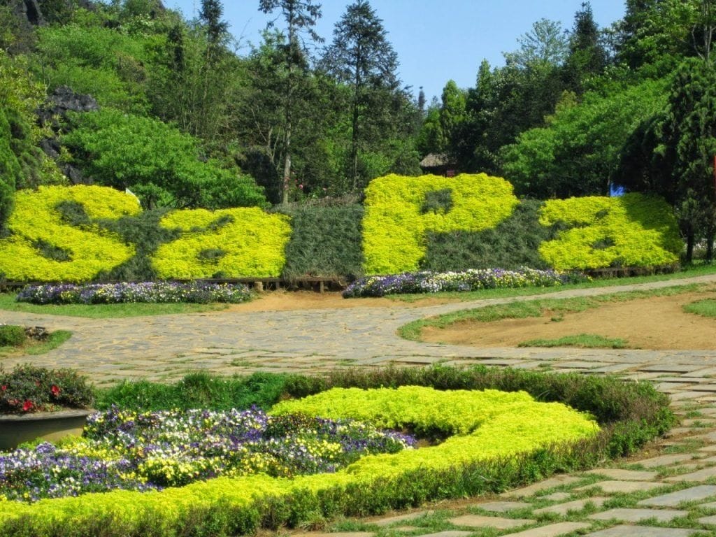 The "Sa Pa" lettering in clipped shrubs in the Ham Rong flower garden.