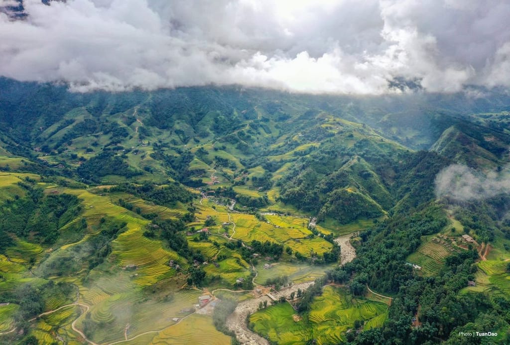 Das Muong-Hoa-Tal zur Erntezeit von oben, nahe Ta Van, mit Wolken über den Gipfeln.