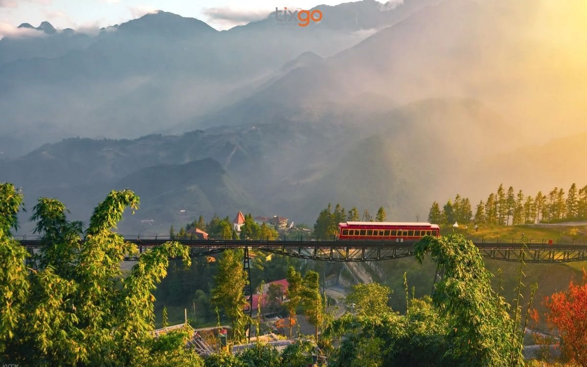 The train on a viaduct at sunset