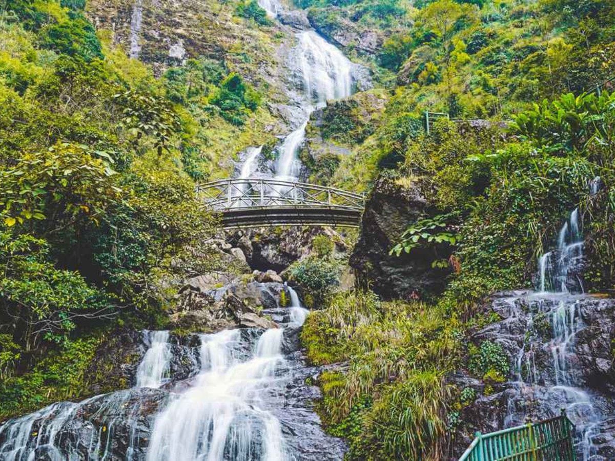 Die Stufen des Silberwasserfalls und seine Brücke inmitten dichten Waldes.